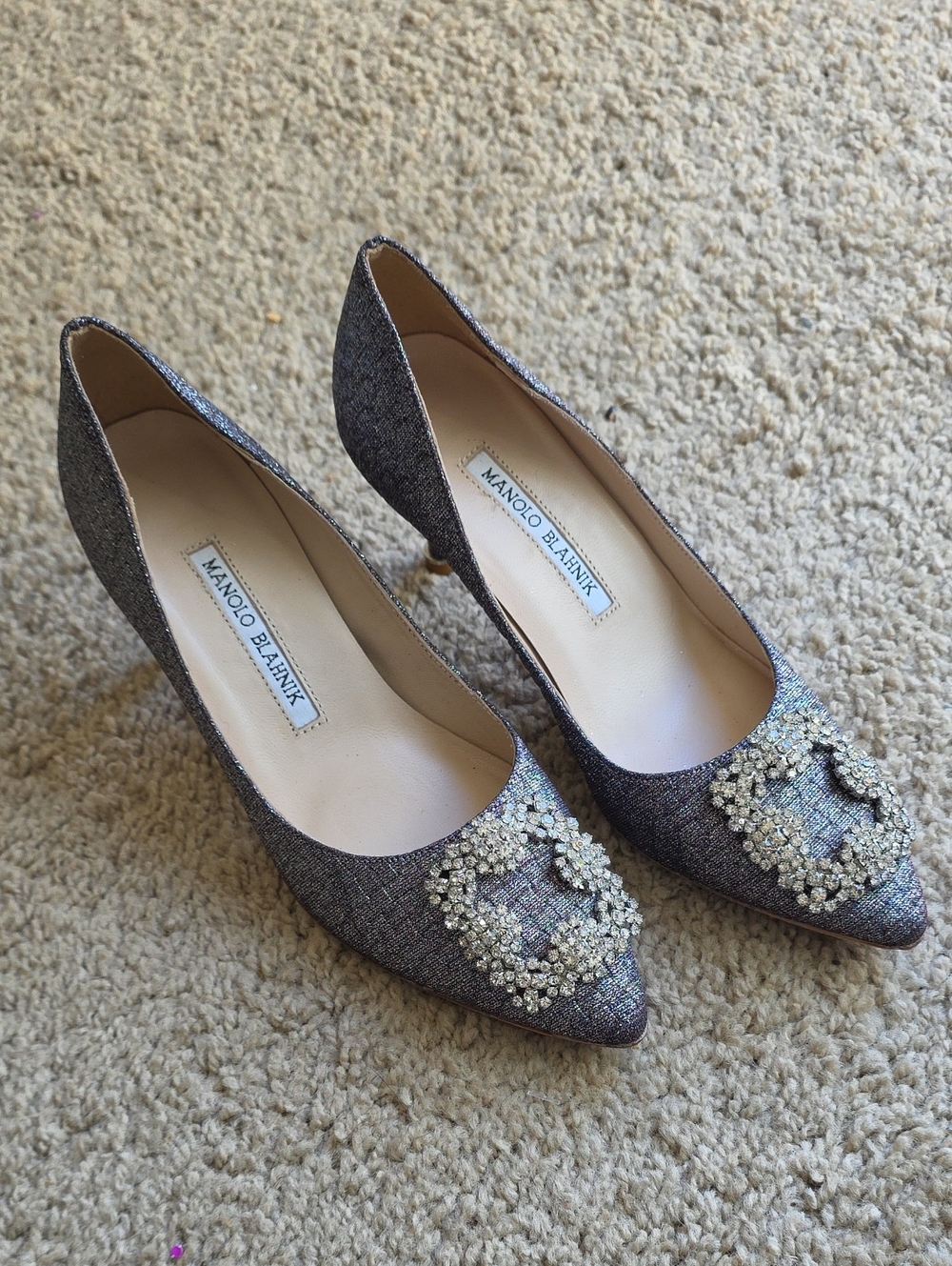 Manolo Blahnik Silver-Gray Crystal Embellished Pointed Toe Pumps